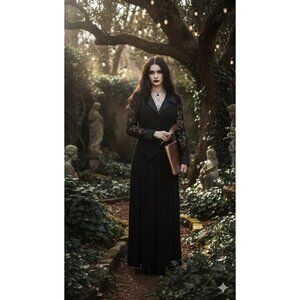 Amanda Lane Vtg Black Button Down Tailcoat Style Blouse w Silk‎ Trim